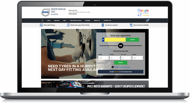 TyreClick website for Volvo Coventry Desktop Image